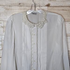 VINTAGE Gailord Pleated Womens Tuxedo Blouse 80s Lace Collar White Old Money 8